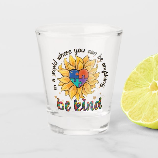 Autism Sunflower Be Kind Shot Glass (Front)