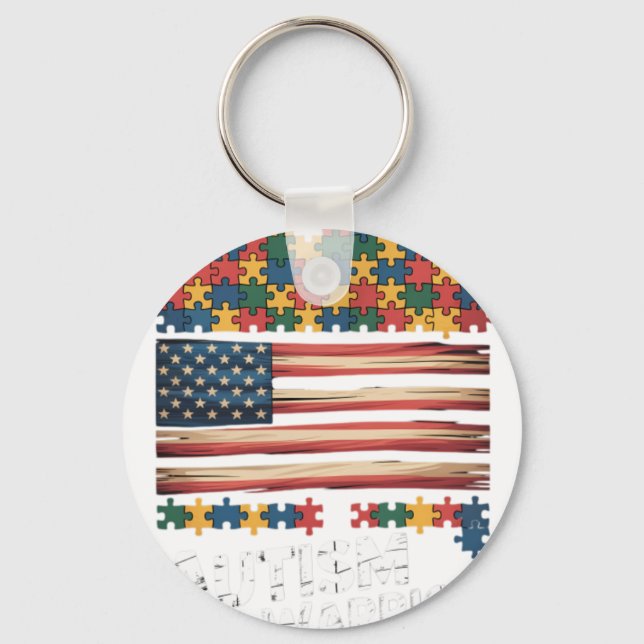 Autism Warrior Awareness Support USA Flag Neurodiv Key Ring (Front)