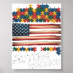 Autism Warrior Awareness Support USA Flag Neurodiv Poster