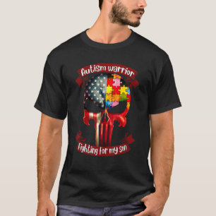 Autism Warrior Fighting For My Son Skull Autistic  T-Shirt