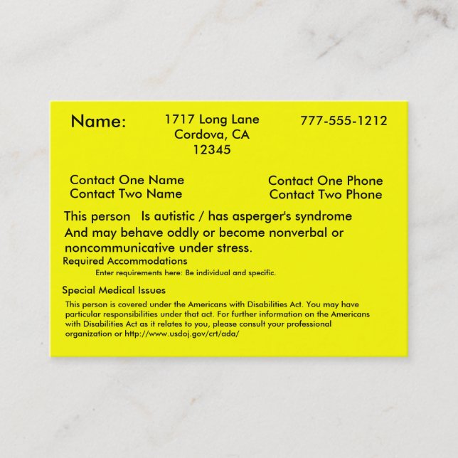 Autistic Alert Card V2 (Front)