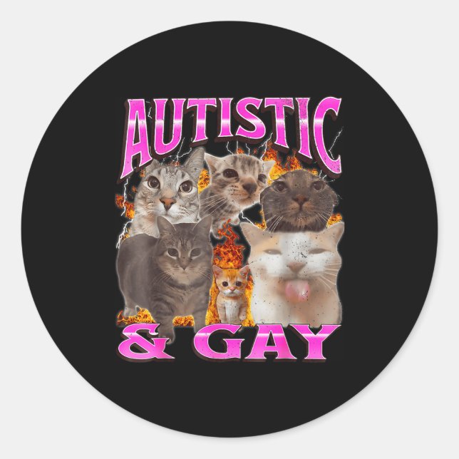 Autistic And Gay Funny Cat Meme Bootleg Graphic  Classic Round Sticker (Front)