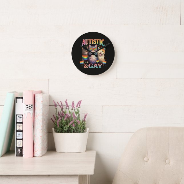 Autistic And Gay Funny Cat  Round Clock (Reading Room)