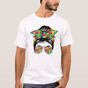 Autistic Autism Awareness Messy Bun Sunglasses Puz T-Shirt