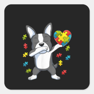 Autistic Dabbing Boston Terrier Puzzle Piece Heart Square Sticker