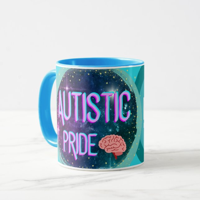Autistic Pride Teal Brain Coffee Mug (Front Left)