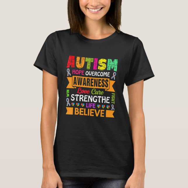 Autistic Support Rainbow Puzzle Ribbon Coloured Te T-Shirt (Front)