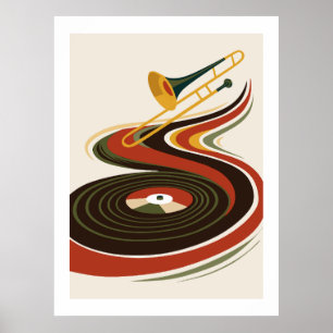 Autmn Vintage Jazz Trombone & Vinyl Record Poster