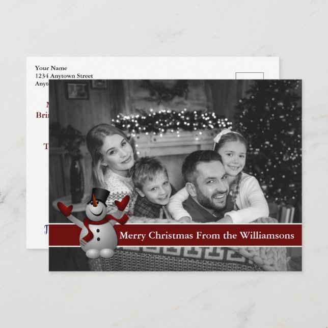 Auto Black and White Christmas Photo With Snowman Postcard (Front/Back)