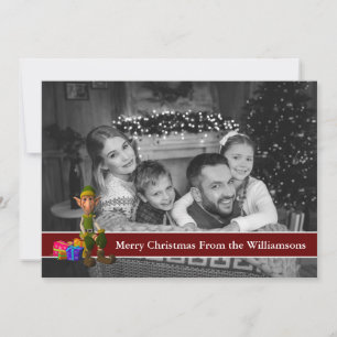 Auto Black and White Photo Elf and Red Text Band Holiday Card