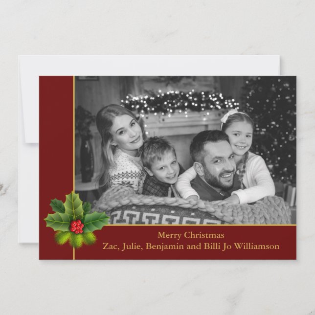 Auto Black and White Photo With Holly Frame Photo Holiday Card (Front)