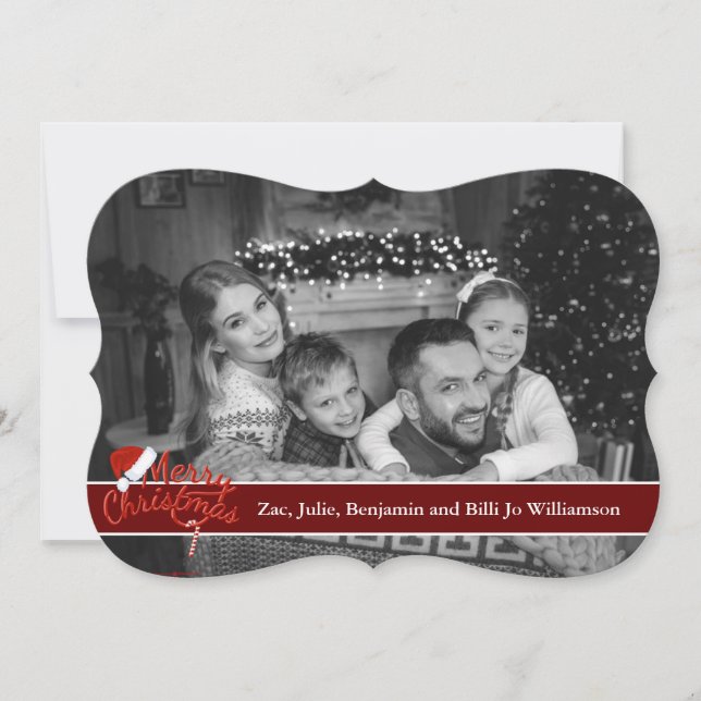 Auto Black and White Photo With Santa Hat Fancy Holiday Card (Front)