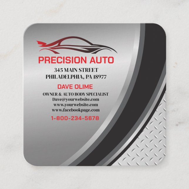 Auto Body Work Custom Car Paint Detailing Collison Square Business Card (Front)