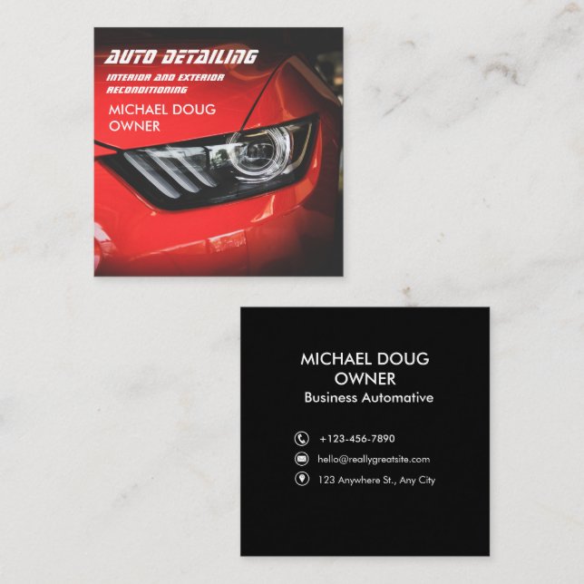 Auto Detailing Car Wash Modern Red Cleaning  Square Business Card (Front/Back)