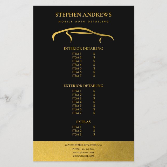 Auto Detailing Cleaning Auto Repair Price List  Flyer (Front)