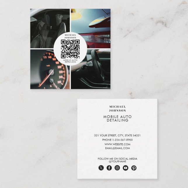 Auto Detailing Cleaning Auto Repair QR Code Social Square Business Card (Front/Back)