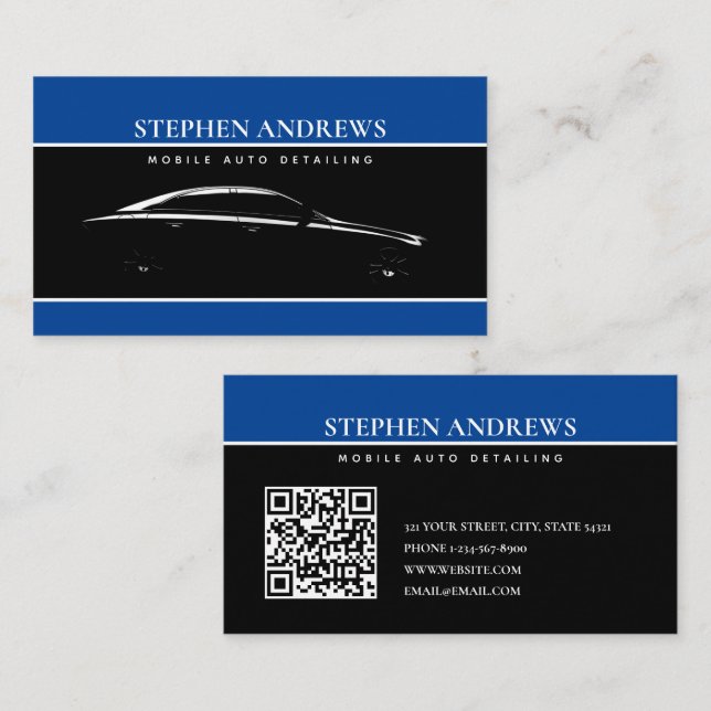 Auto Detailing Cleaning Repair Black Blue QR Code Business Card (Front/Back)