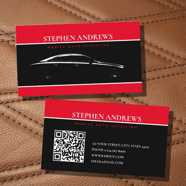 Auto Detailing Cleaning Repair Black Red QR Code Business Card (Creator Uploaded)