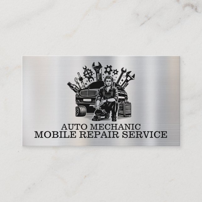 Auto Mechanic Automotive Repair Metal Contact Business Card (Front)