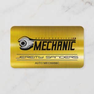 Auto Mechanic Gold Metal Wrench Logo Business Card
