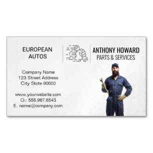 Auto Mechanic Holding Wrench Car Parts Services Magnetic Business Card