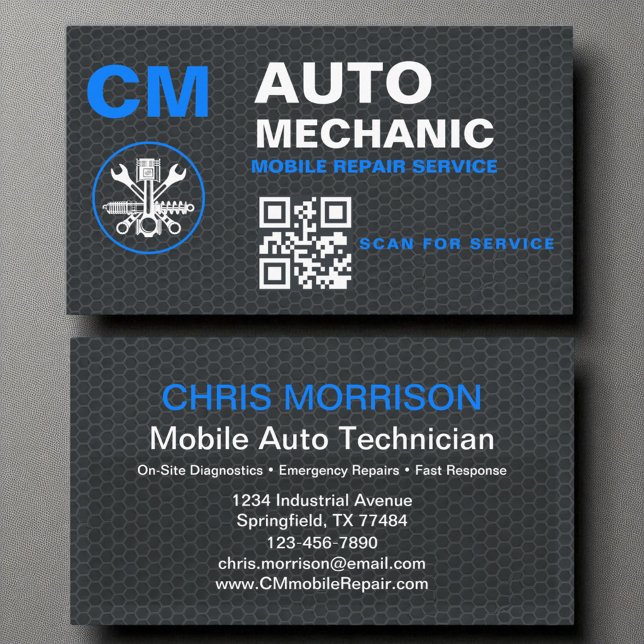 Auto Mechanic QR Code Mobile Car Monogram Business Card (Creator Uploaded)
