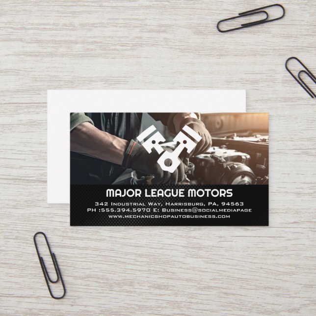 Auto Mechanic Working on Broken Engine Business Card (Front/Back In Situ)