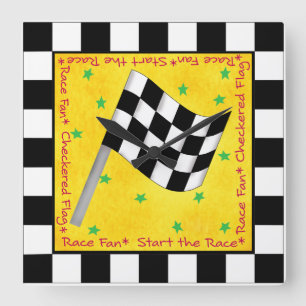 Auto Race Fan Chequered Flag Black Yellow Custom Square Wall Clock