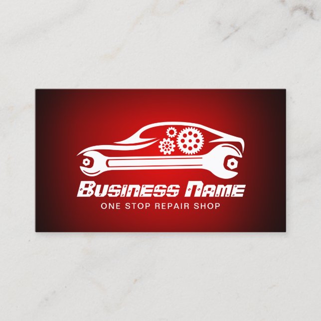 Auto Repair Car & Wrench Red Automotive Mechanic Business Card (Front)