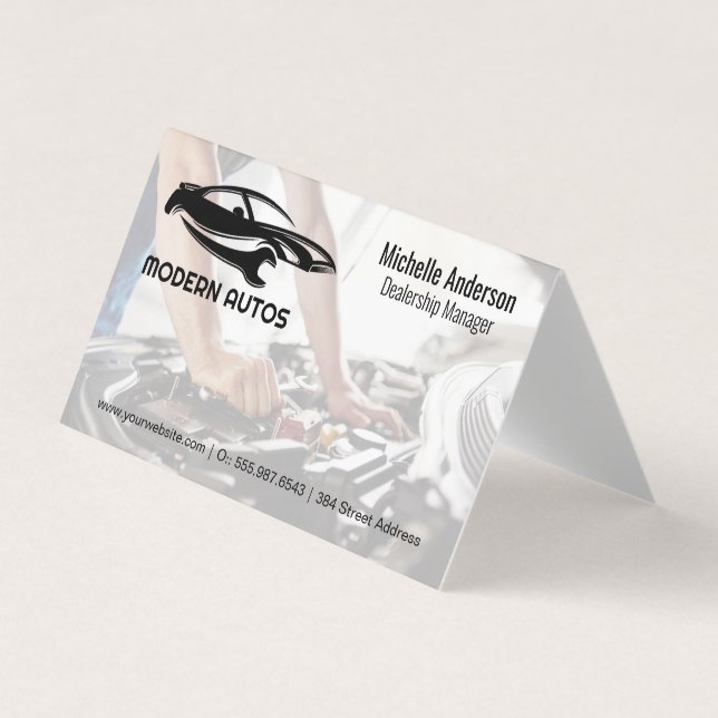 Auto Repair Logo | Mechanic Working on Car Business Card (Front)