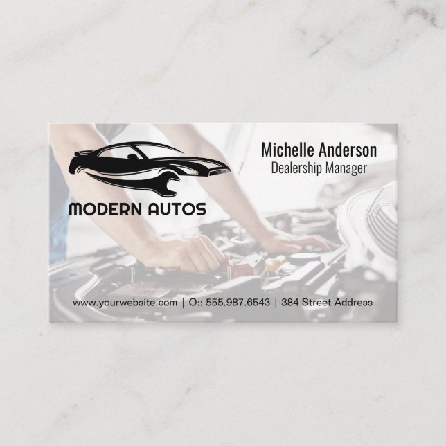 Auto Repair Logo | Mechanic Working on Car Business Card (Front)