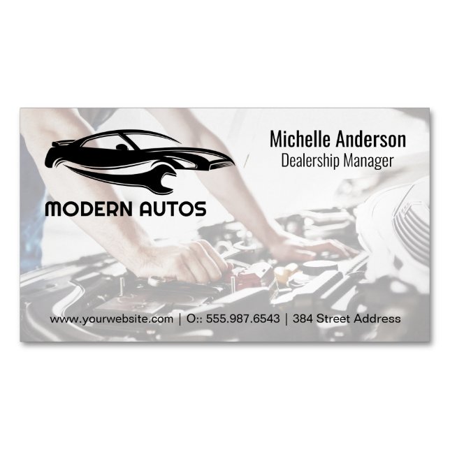 Auto Repair Logo | Mechanic Working on Car Magnetic Business Card (Front)