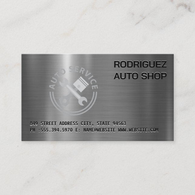 Auto Repair Logo | Metallic | Wrench | Pistons Business Card (Front)