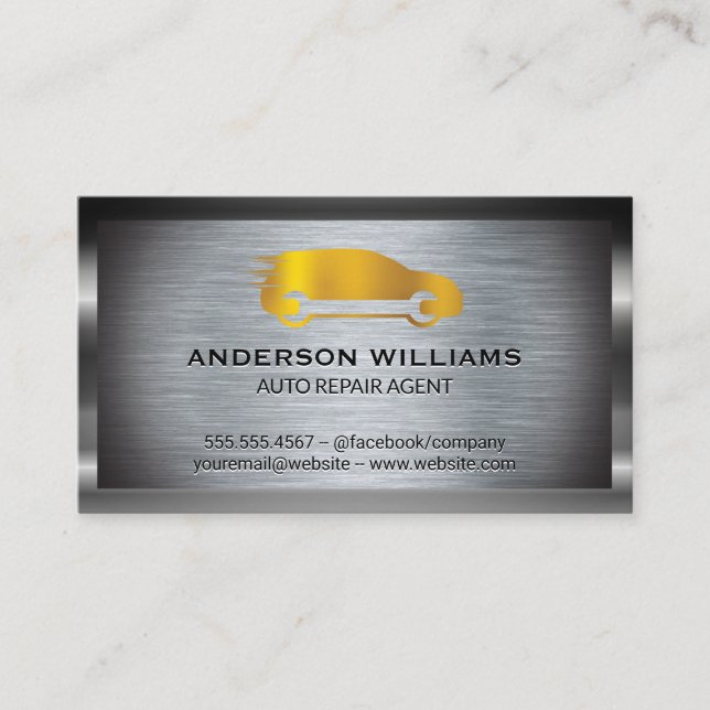 Auto Repair Wrench Icon | Metallic Background Business Card (Front)