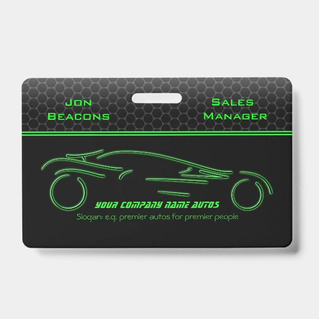 Auto Sales, Metallic-look, Green line Sportscar ID Badge (Front)