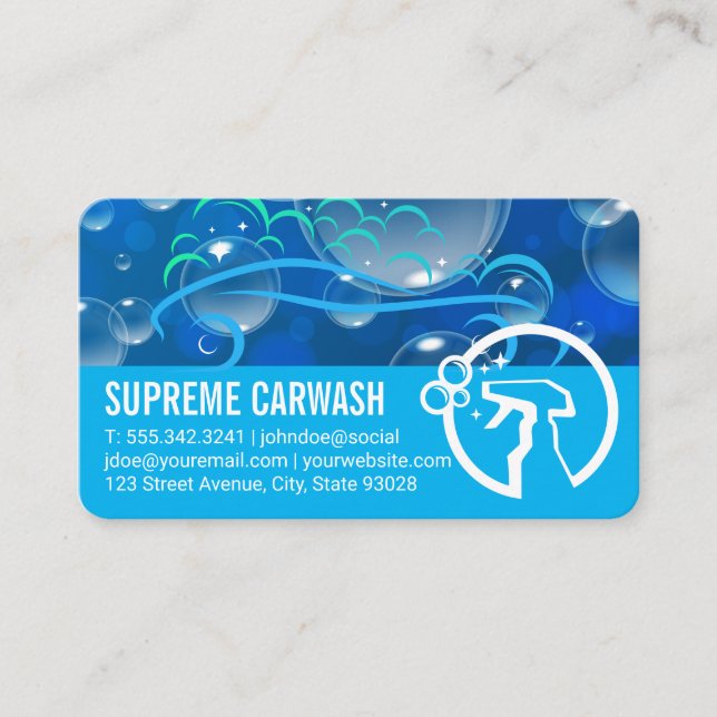Auto Service Soap Bubbles | Spray Bottle Logo Business Card (Front)