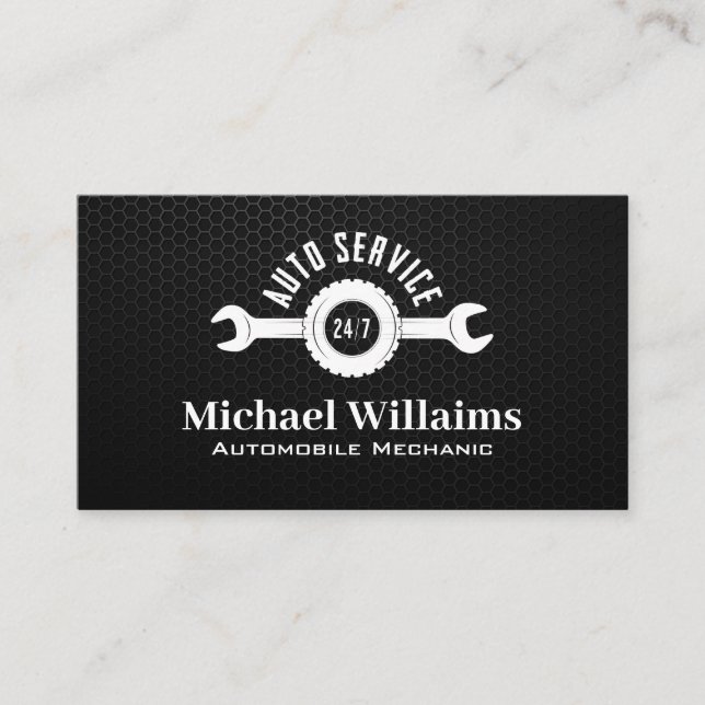 Auto Service Wrench Logo | Carbon Fibre Background Business Card (Front)