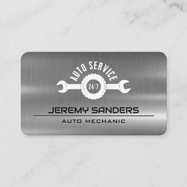 Auto Service Wrench Logo  | Metal Industrial Business Card (Front)