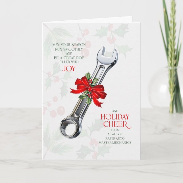 Auto Shop Wrench Business Cheer Custom Name Holiday Card (Front)