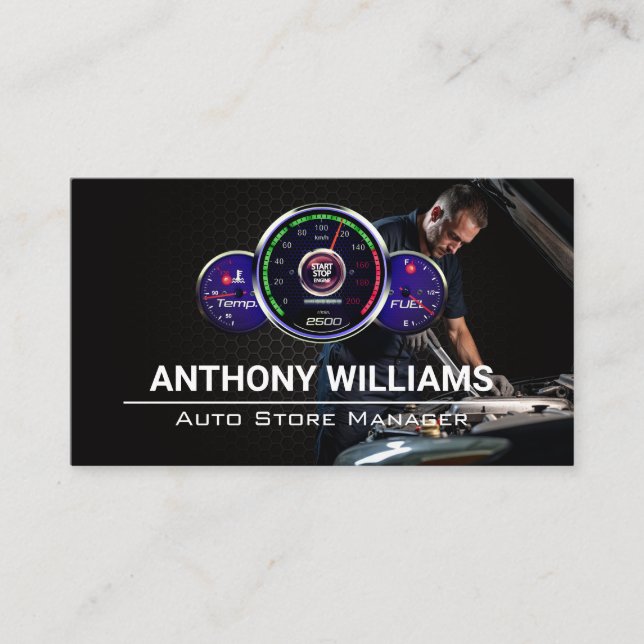 Auto Speedometer | Mechanic Working on Engine Business Card (Front)