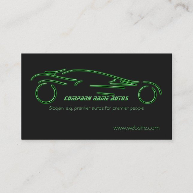 Auto trade Car - Green Sportscar on black template Business Card (Front)
