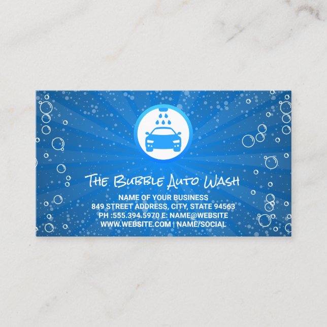 Auto Wash Logo | Blue Soap Bubbles Business Card (Front)