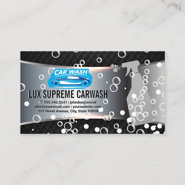 Auto Wash Logo | Spray Bottle | Soap Bubbles Business Card (Front)