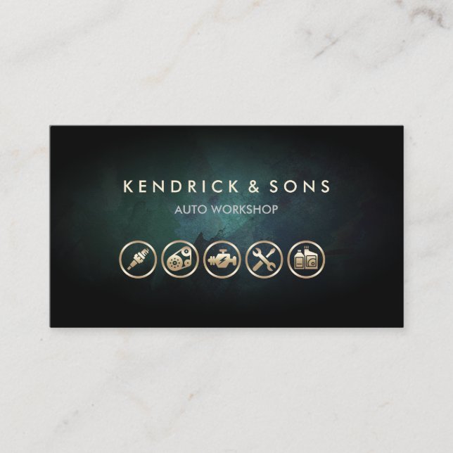 Auto Workshop Mechanic Car Repair Gold Icons Business Card (Front)