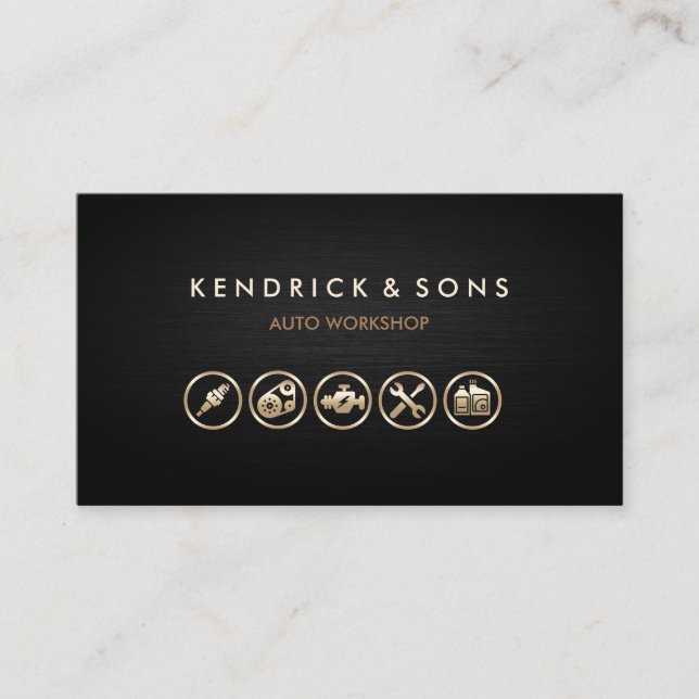 Auto Workshop Mechanic Car Repair Gold Icons Business Card (Front)
