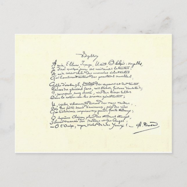 Autograph manuscript of Voyelles (Rimbaud) Postcard (Front)