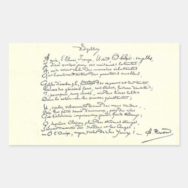 Autograph manuscript of Voyelles (Rimbaud) Rectangular Sticker (Front)