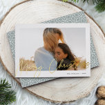 Autograph | Merry Christmas Horizontal Photo Foil Holiday Card<br><div class="desc">Send holiday greetings to friends and family in chic style with our elegant photo cards. Design features your favourite horizontal or landscape orientated photo framed by a thick white border, with "Merry Christmas" sketched on top in shining gold foil hand lettered script. Personalise with your family name and the year...</div>