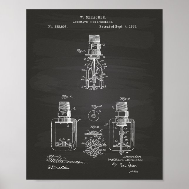 Automatic Fire Sprinkler 1888 Patent - Chalkboard Poster (Front)