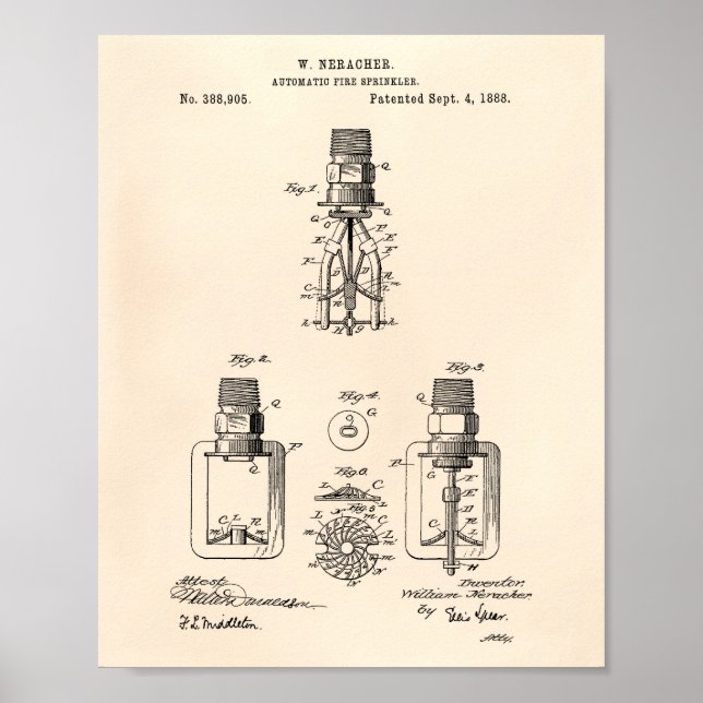 Automatic Fire Sprinkler 1888 Patent - Old Peper Poster (Front)